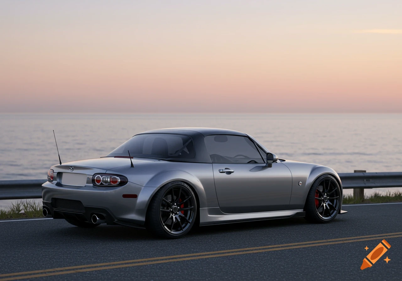 A silver Mazda MX-5 convertible with a black hardtop parked on a road overlooking the ocean at sunset.