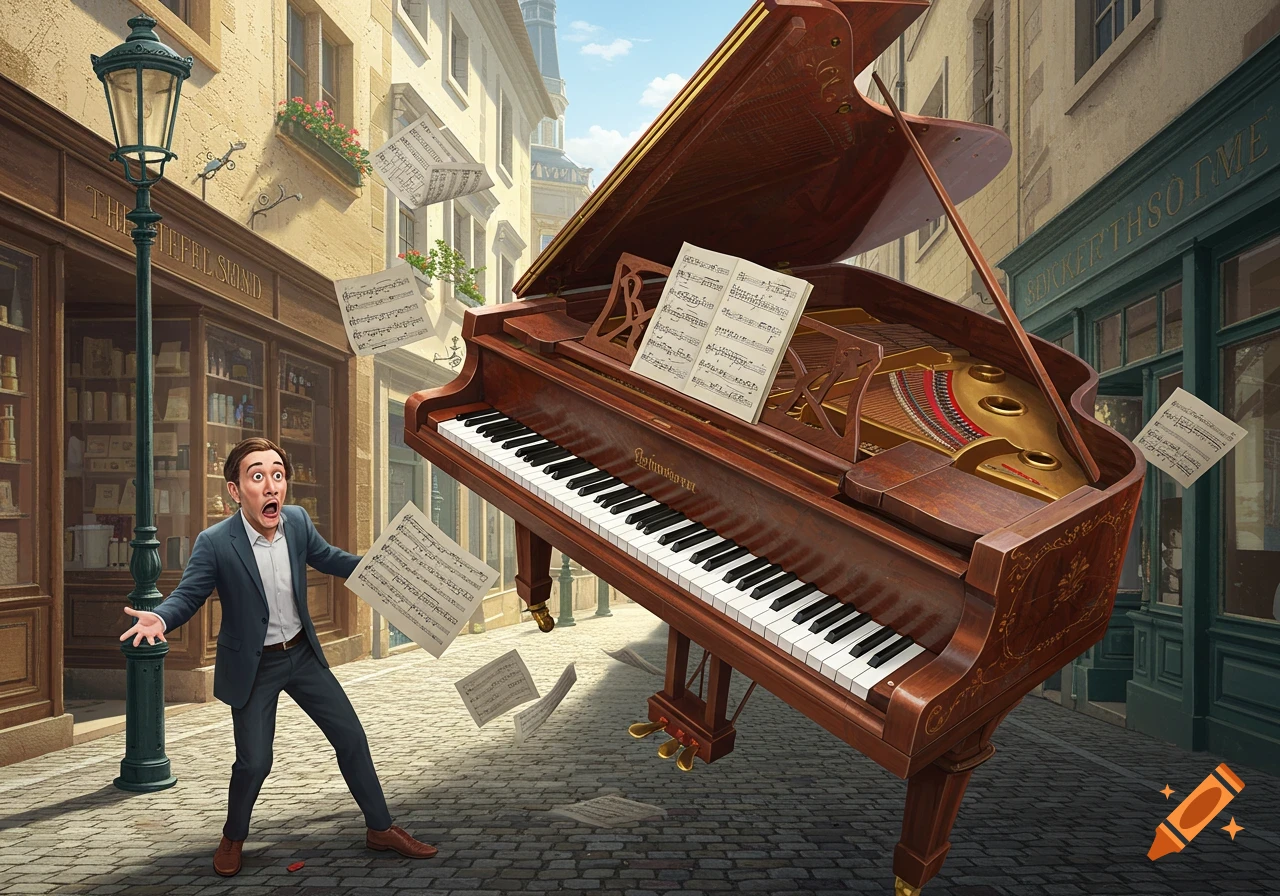 A man with a surprised expression on a cobblestone street as a large grand piano falls towards him, surrounded by floating sheet music.