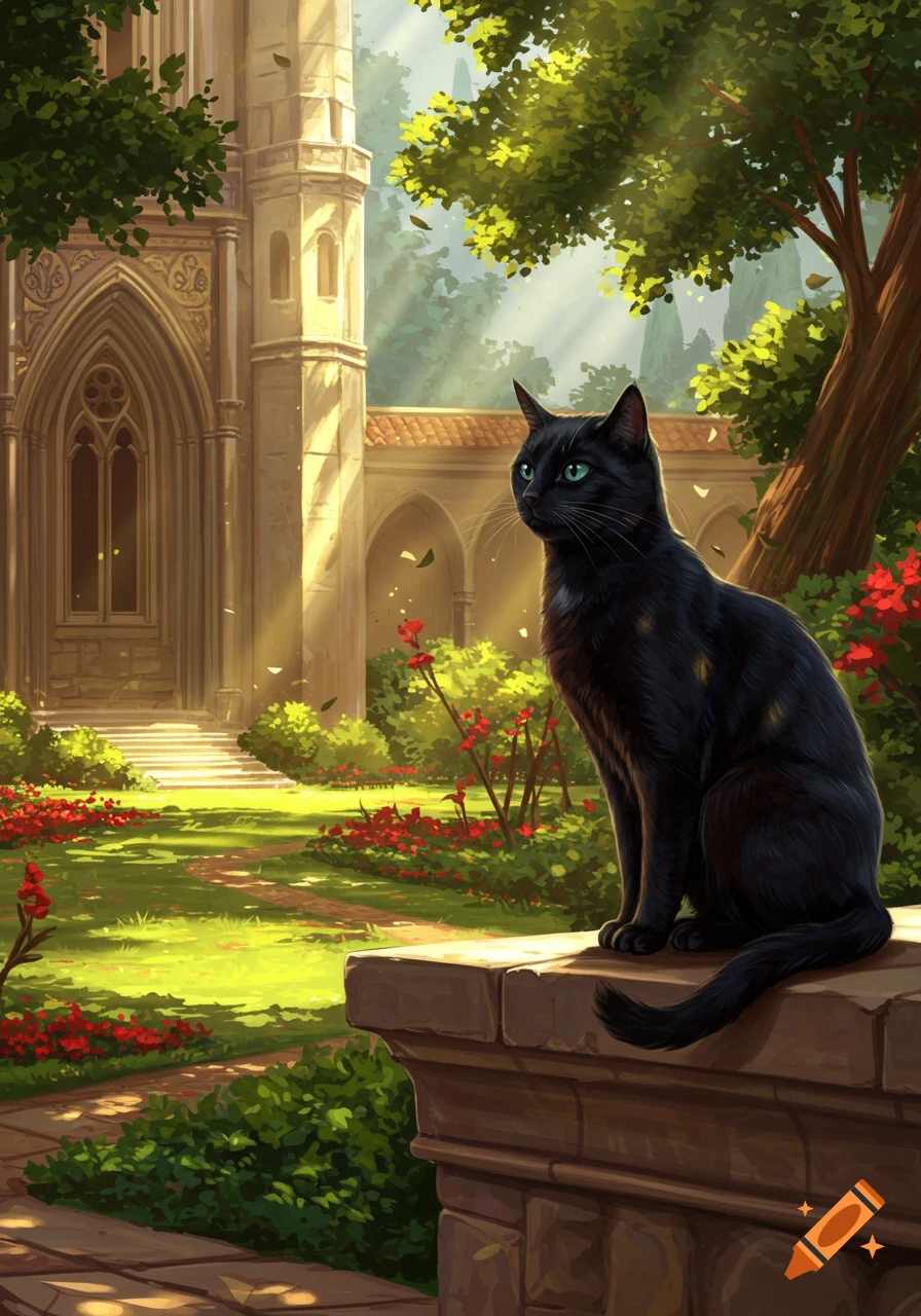 A black cat with green eyes sits on a stone wall in a sunlit garden with red flowers and a gothic building in the background.