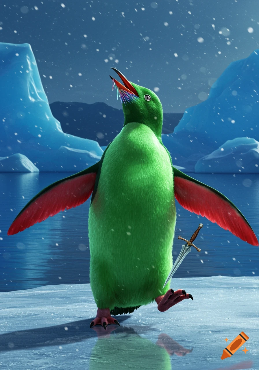 A vibrantly green penguin with red wings and an iridescent beak stands on ice, looking up at falling snow. A small sword is stuck in the ice near its foot.