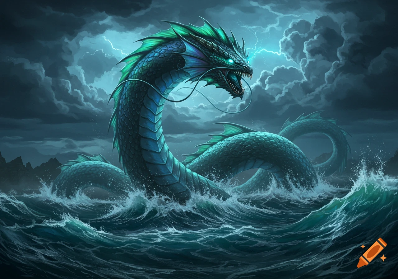 A giant teal and green sea serpent with glowing eyes emerges from stormy, dark ocean waves under a lightning-filled sky, digital art.