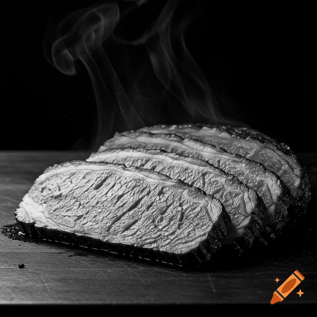 High contrast black and white photo of steaming slices of cooked meat on a dark surface.