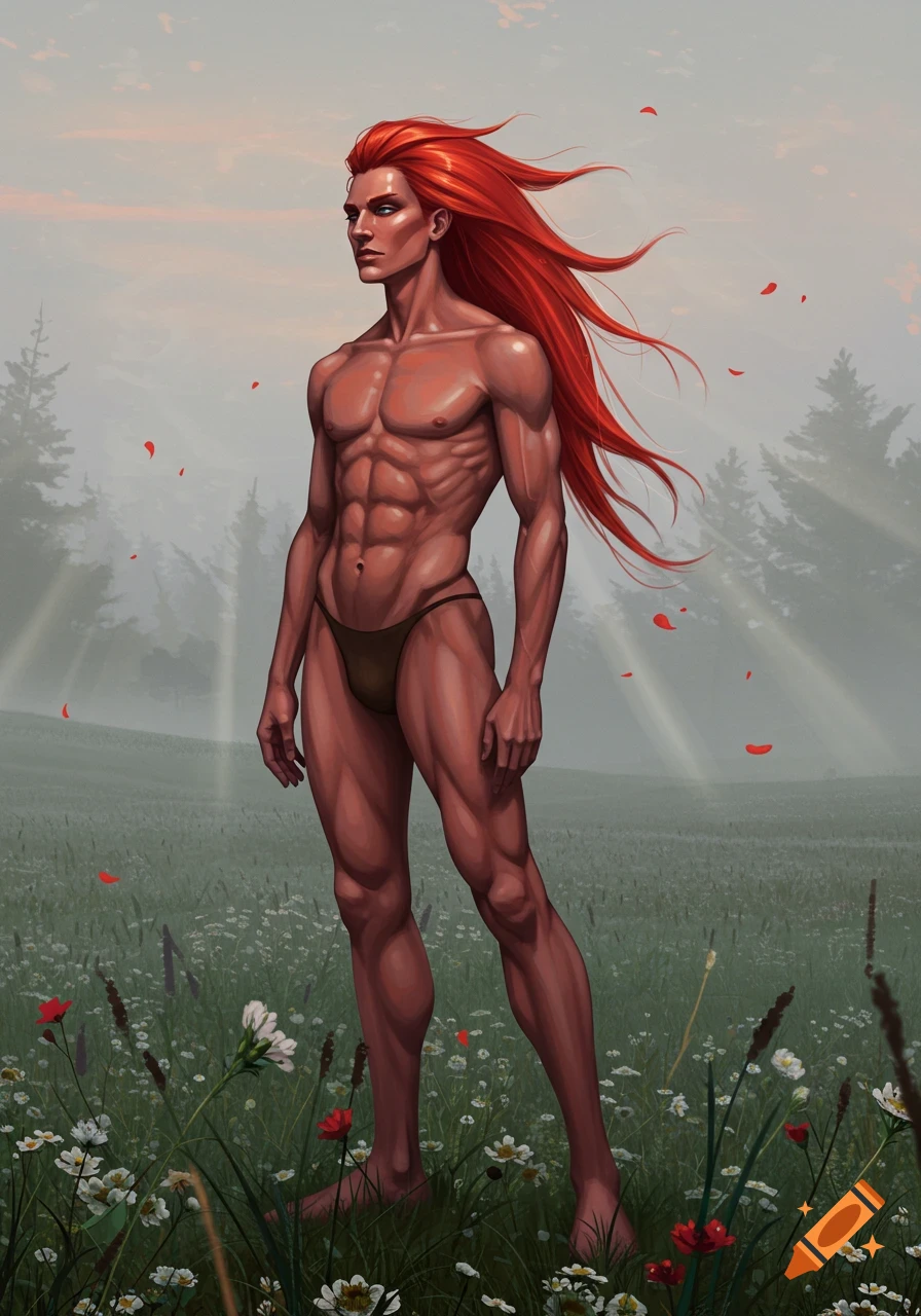 An androgynous figure with long flowing red hair and an athletic build, wearing a brief, stands in a misty field of wildflowers.