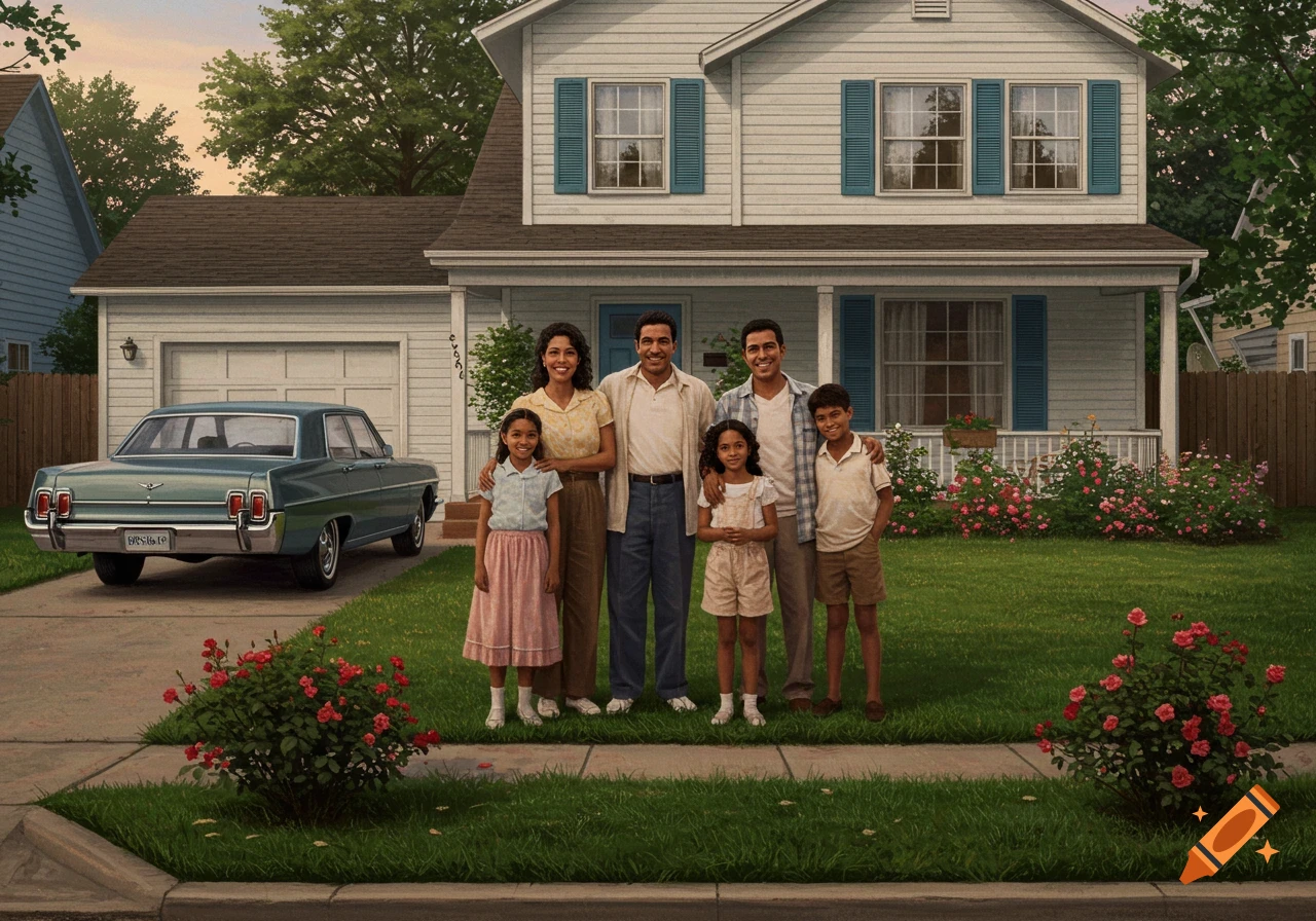 A smiling family of five stands in front of a suburban house with a blue car in the driveway, surrounded by green lawn and rose bushes.