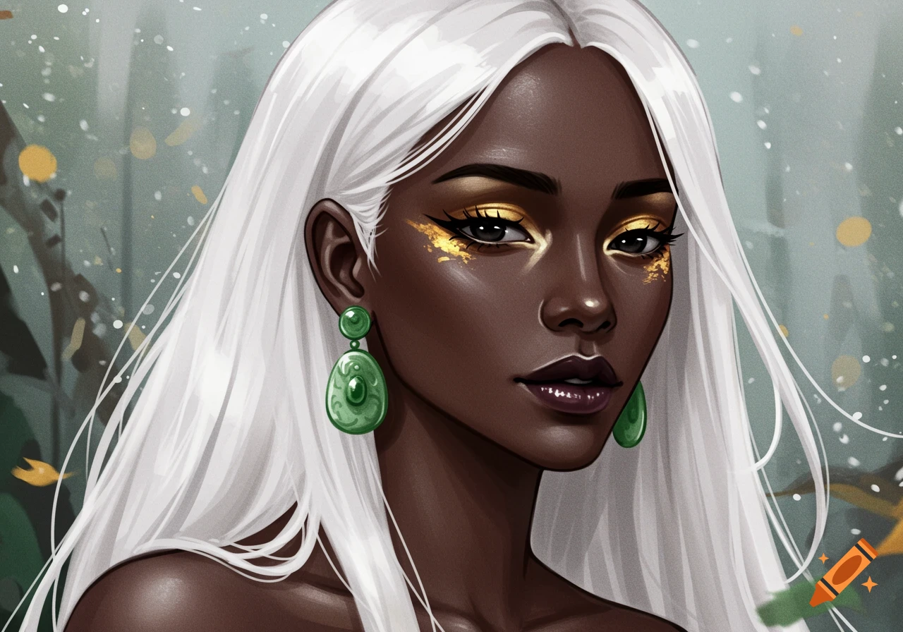 Digital painting of a dark-skinned woman with white hair, black eyes, jade earrings, and golden eye shadow.