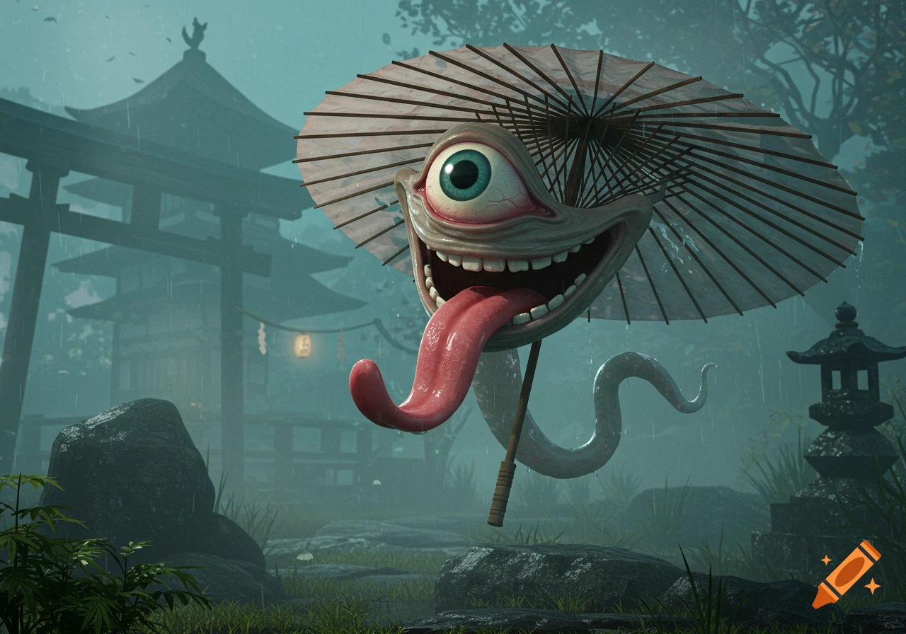 A whimsical cyclops monster with an umbrella head and long tongue floats in front of a misty Japanese temple in the rain.