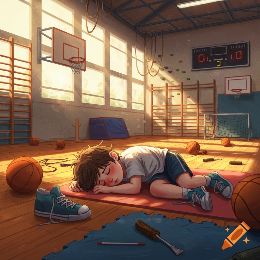 Anime style illustration of a tired child sleeping on a red mat in a sunny gym surrounded by basketballs and sports equipment.