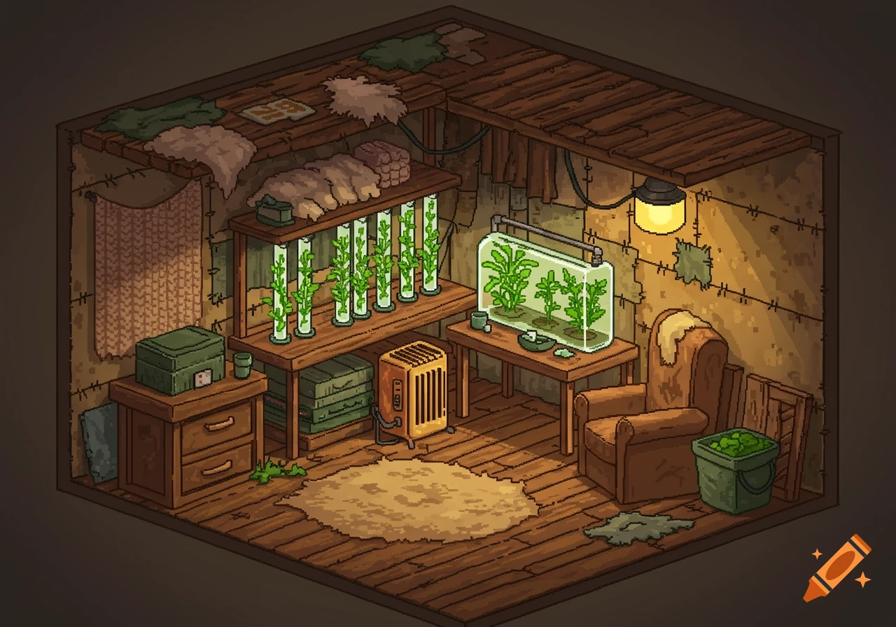 Isometric pixel art of a cozy post-apocalyptic shelter with hydroponic plants, an armchair, and wooden textures.