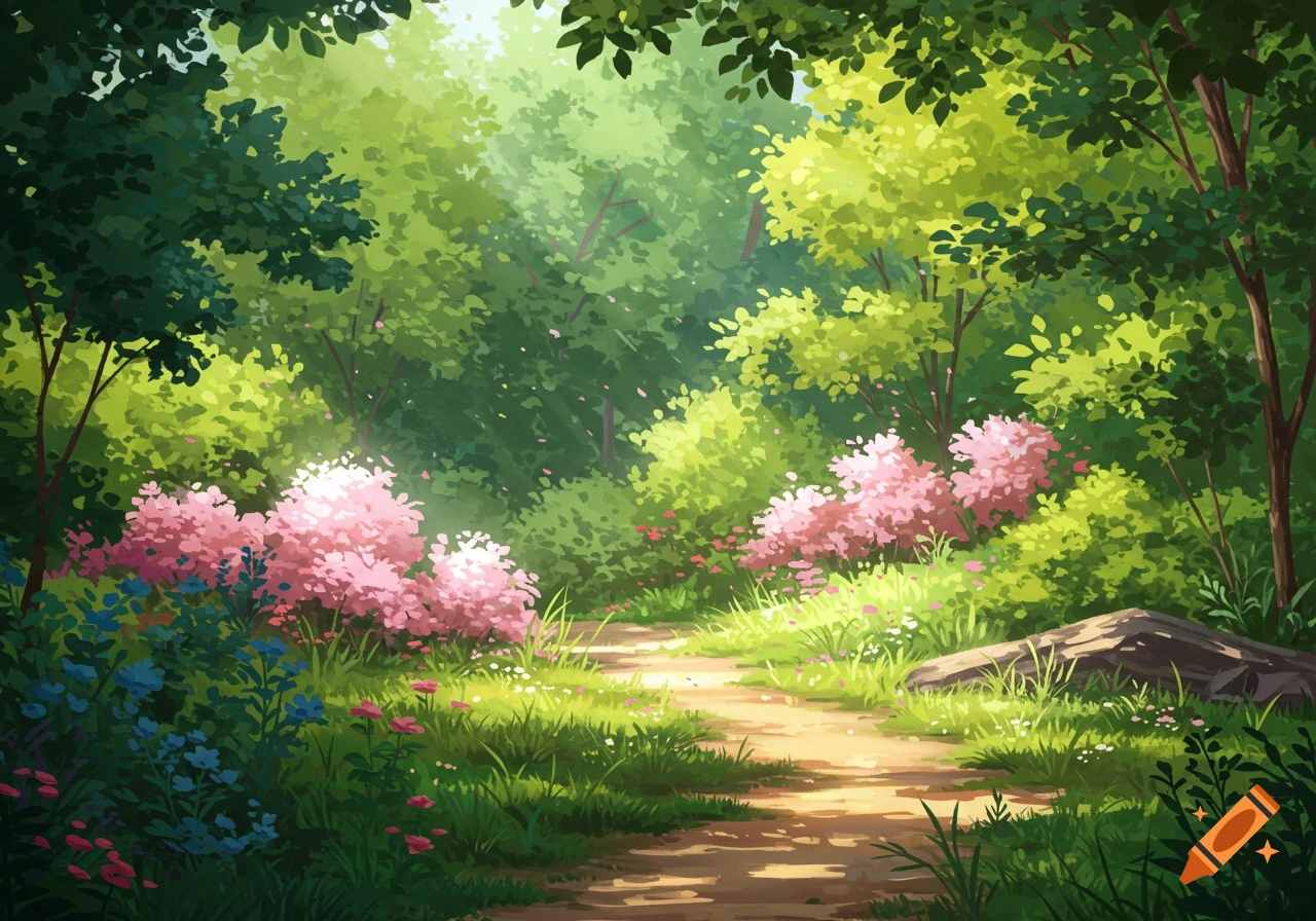 A serene digital illustration of a sunlit forest path winding through lush green trees and vibrant pink and blue blooming flowers.