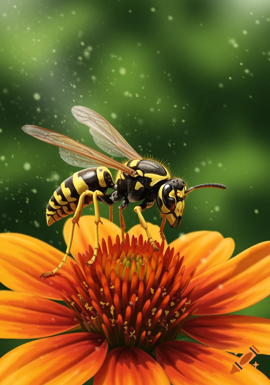 A close-up illustration of a black and yellow striped wasp perched on a vibrant orange flower, with a blurred green background.