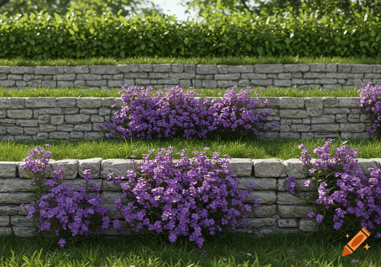 Three parallel stone walls on a grassy slope in an English garden, adorned with vibrant purple Aubrieta flowers.