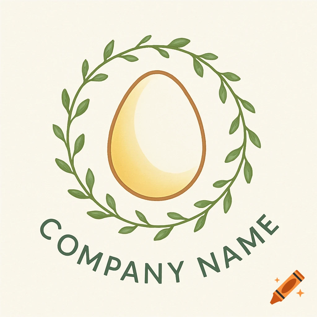 A logo featuring an egg surrounded by a green leaf wreath, with the text 'COMPANY NAME' below.