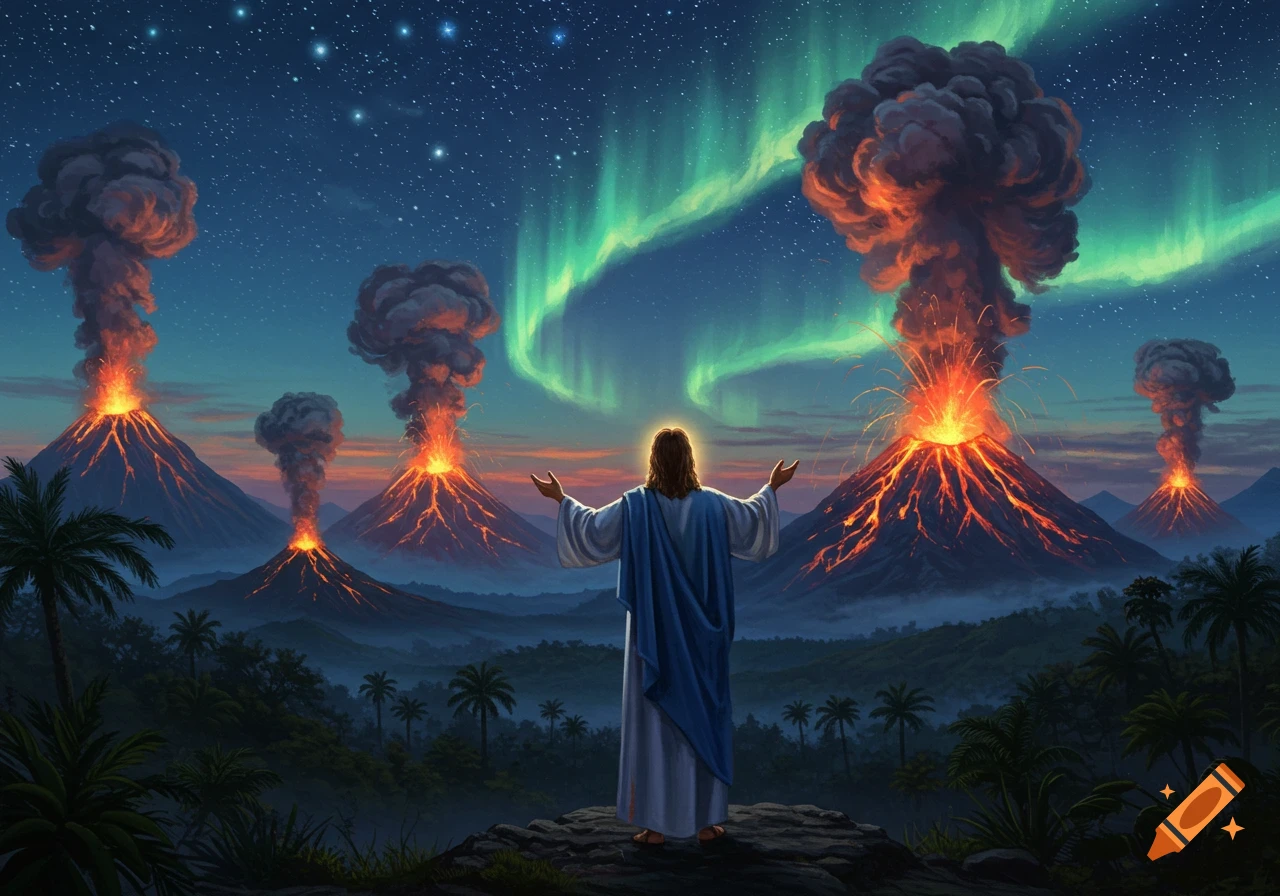 Jesus standing on a hilltop looking at multiple erupting volcanoes under a starry night sky with green aurora borealis.
