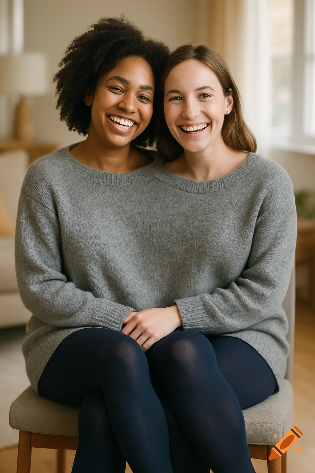 Two smiling women with different hair colors share a single grey sweater and sit on a chair, creating a conjoined illusion.