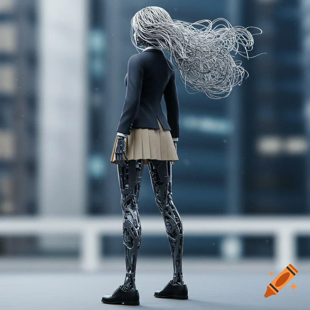 3D render of a female robot in a prep uniform with intricate wire hair, standing with a blurred city background.