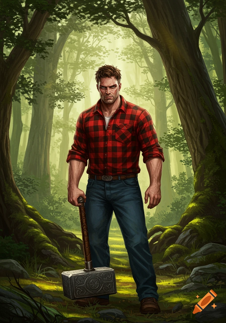 A man resembling a lumberjack or superhero, with a determined expression, stands in a forest holding a large warhammer.
