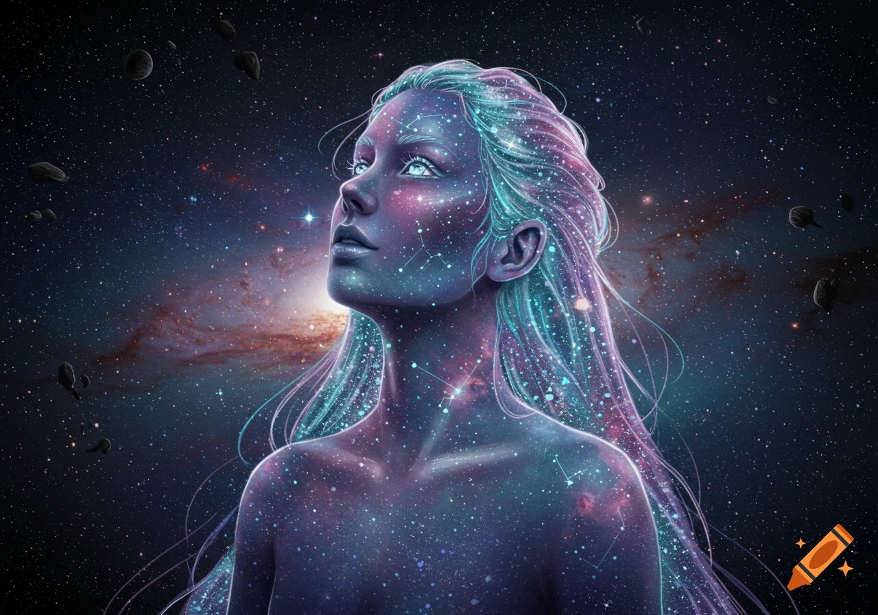 A woman with glowing cosmic skin and hair looks up at a starry galaxy.