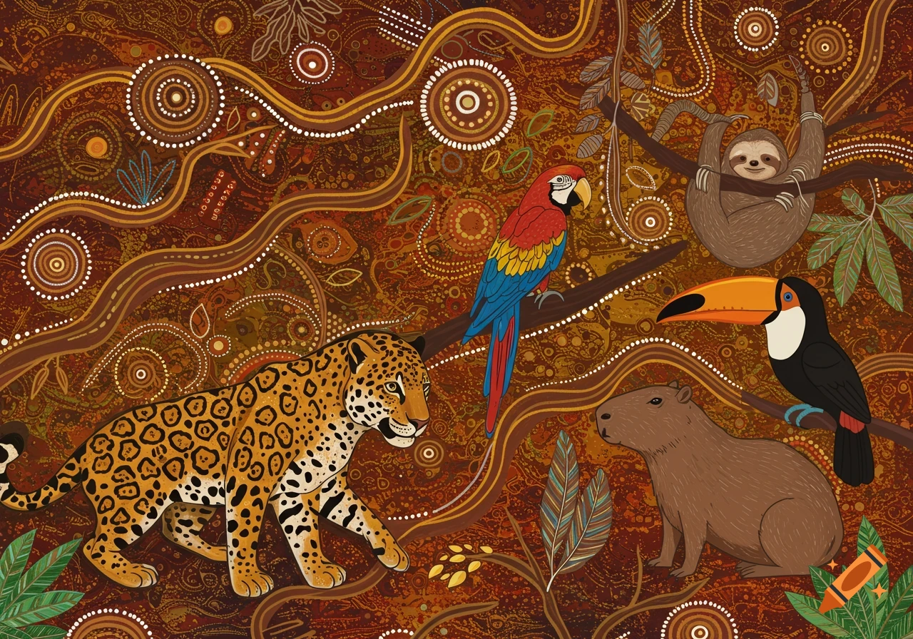 Stylized artwork blending Indigenous Brazilian and Aboriginal Australian dot painting, featuring a jaguar, macaw, sloth, toucan, and capybara among vibrant patterns.