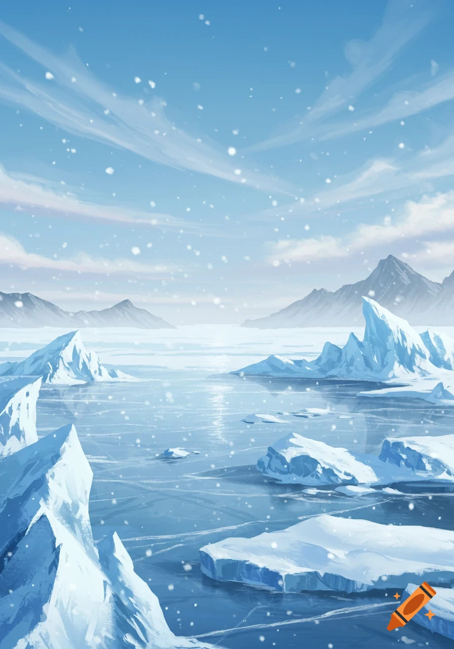 A stylized frozen tundra landscape with icebergs on a frozen lake, distant mountains, and falling snow under a blue sky.