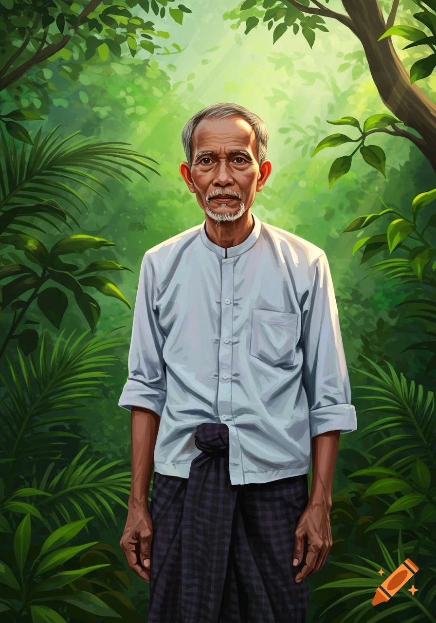 An illustrated portrait of an elderly Burmese man with a white beard, wearing a light blue traditional shirt and a dark plaid longyi, standing in a lush green jungle.