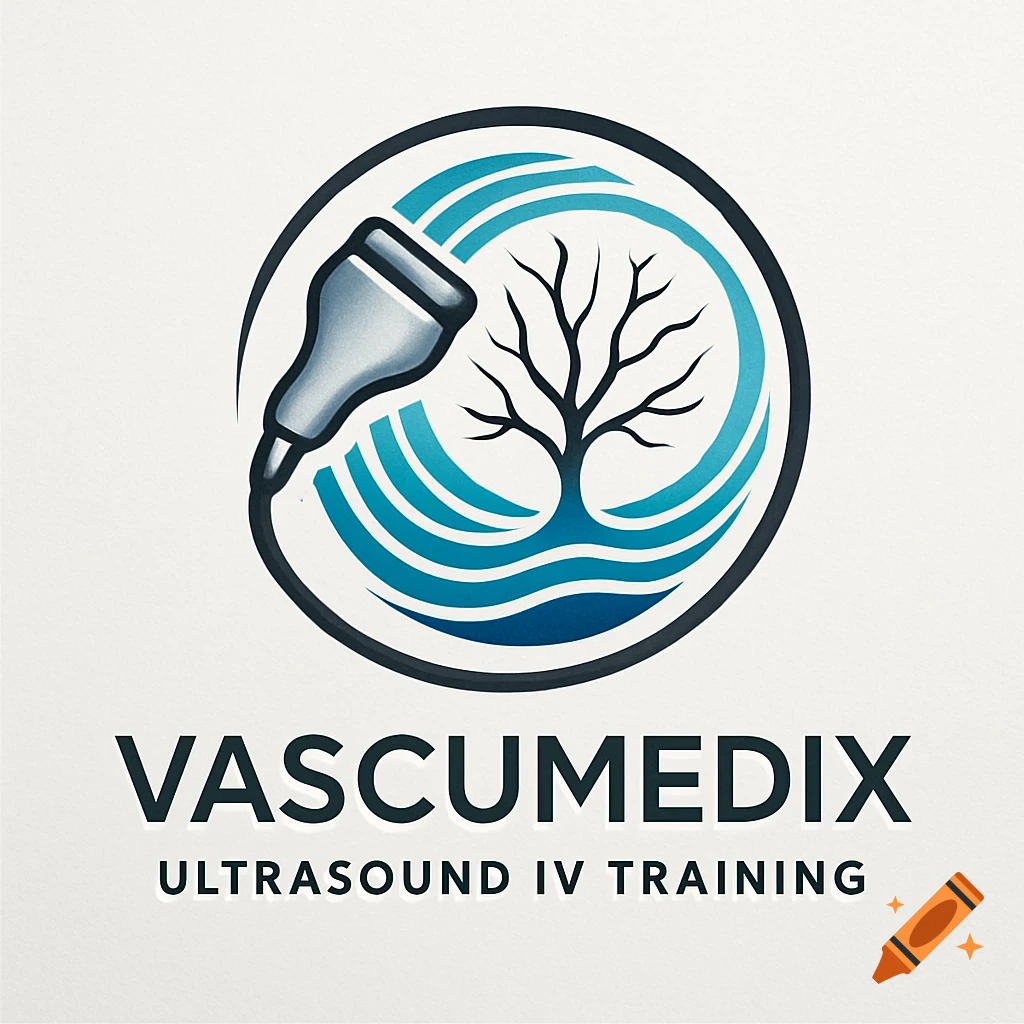 Vascumedix Ultrasound IV Training logo featuring an ultrasound probe, a tree, and blue waves within a circular design.