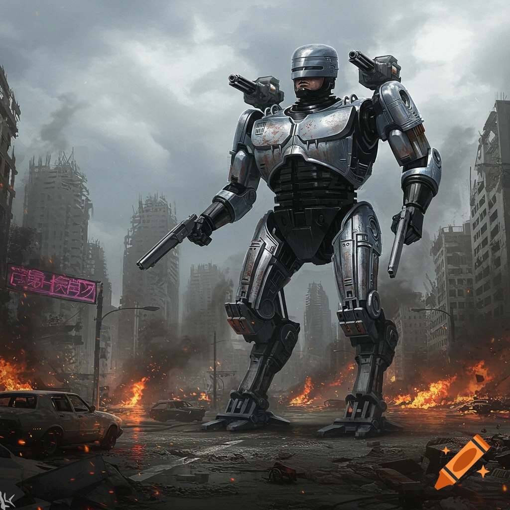 A large, battle-damaged RoboCop-like mech stands with weapons in a burning, ruined city under a cloudy sky.