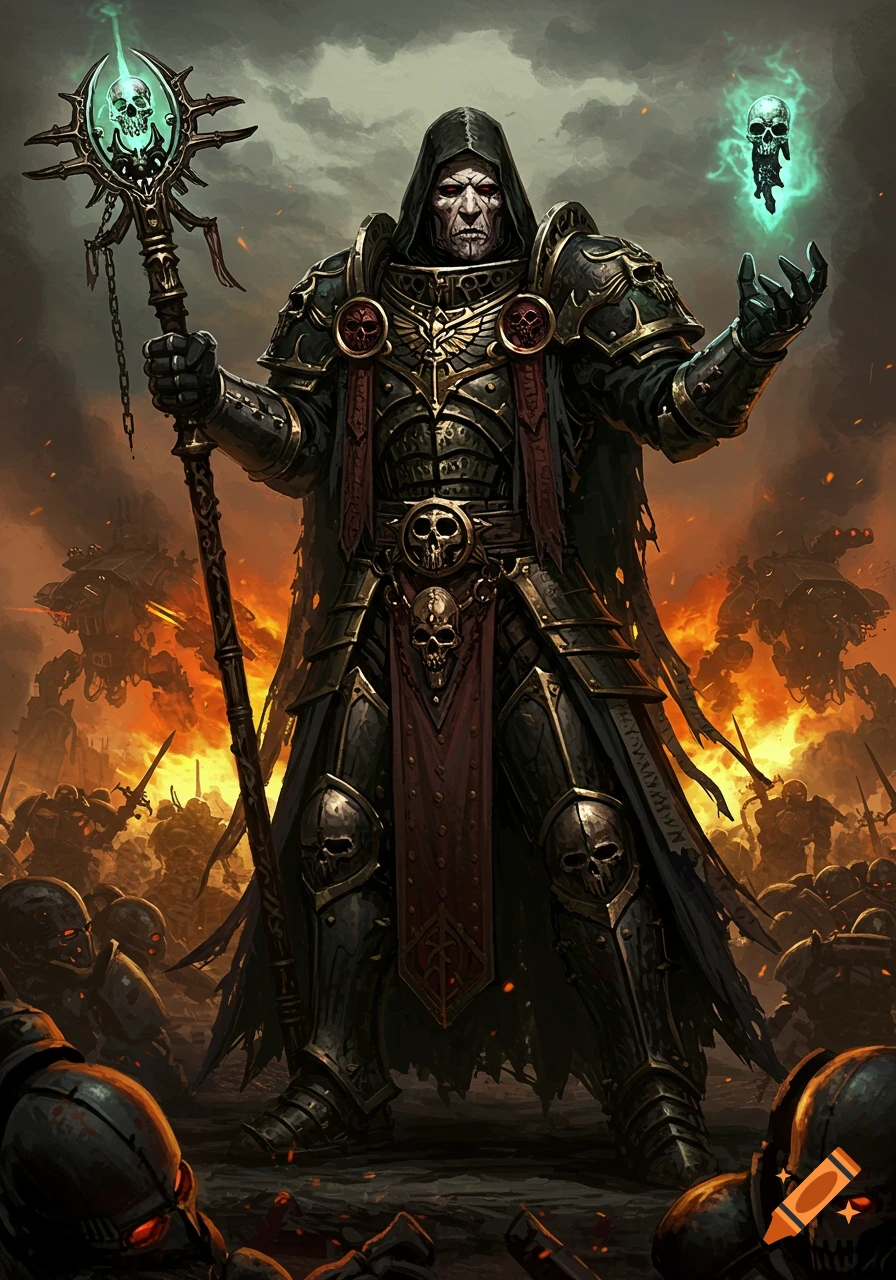 A dark fantasy figure in ornate, skull-adorned armor and a hood holds a staff with a glowing skull and conjures another glowing skull in a fiery battleground with war machines.