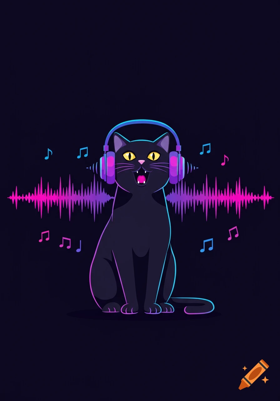 A cartoon black cat wearing glowing neon headphones with an open mouth, surrounded by vibrant pink and blue sound waves and musical notes.