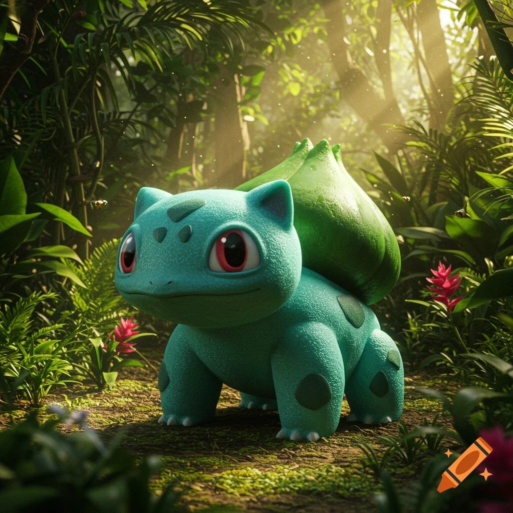 A photorealistic Bulbasaur stands in a vibrant, sun-dappled jungle surrounded by green foliage and red flowers.