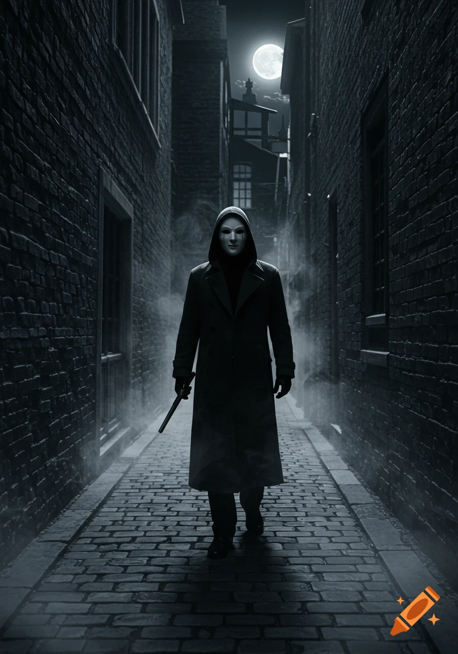 A masked figure in a long coat walks down a misty, dark cobblestone alley under a full moon, holding a stick.