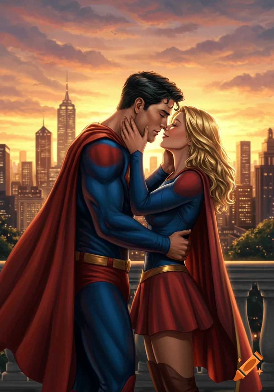 Superman and Supergirl kiss on a balcony at sunset overlooking a city skyline, digital art.