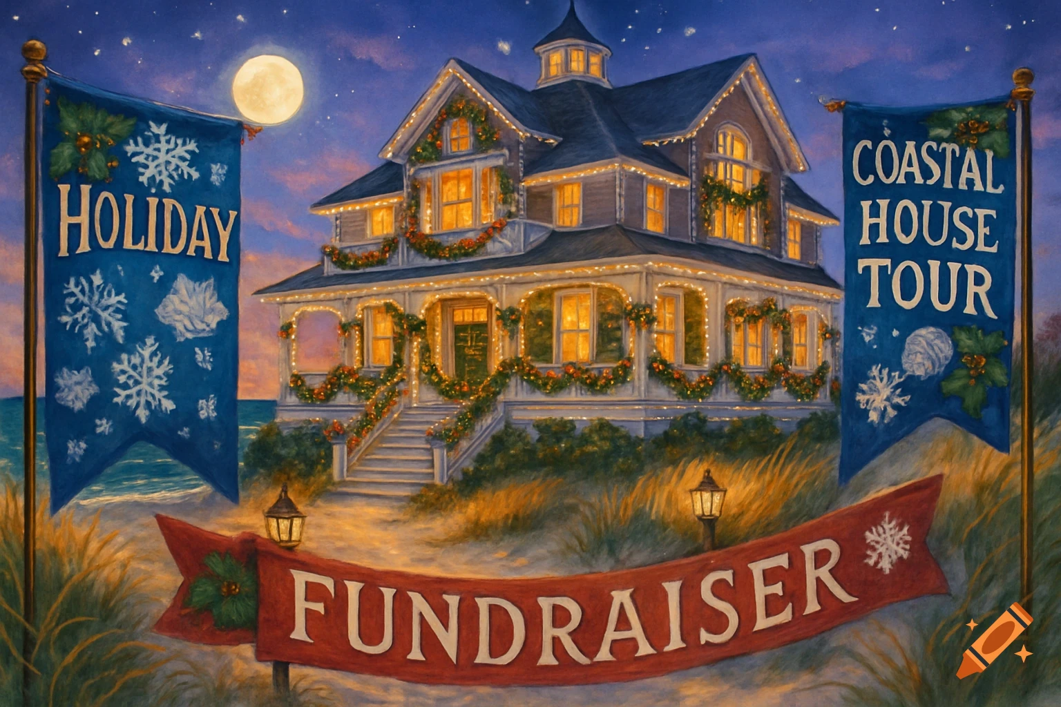 A grand, festively decorated coastal house at night under a full moon, with banners reading 'Holiday', 'Coastal House Tour', and 'Fundraiser' in a painterly style.