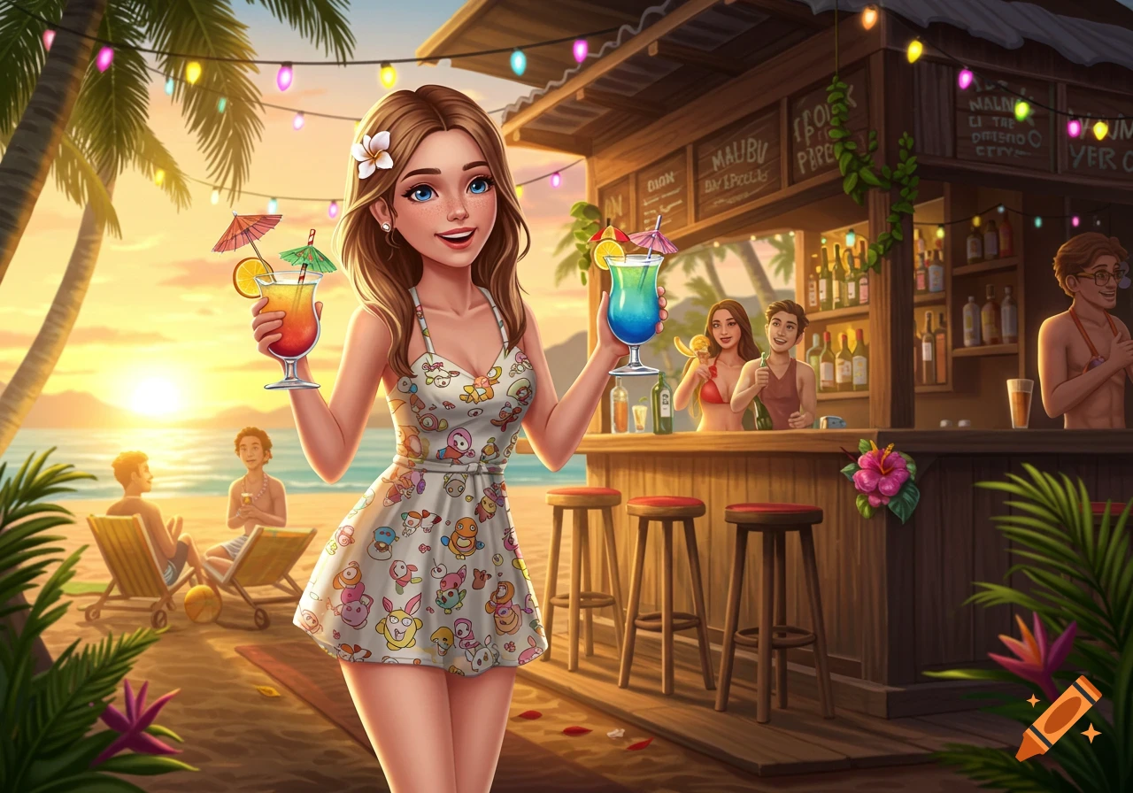 A smiling cartoon woman in a patterned dress holds two colorful cocktails at a tropical beach bar during sunset, with other people in the background.