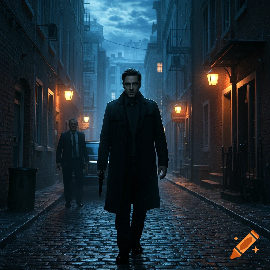 A man in a trench coat walks down a dark, wet cobblestone alley at night, holding a pistol. Another man follows in the background.