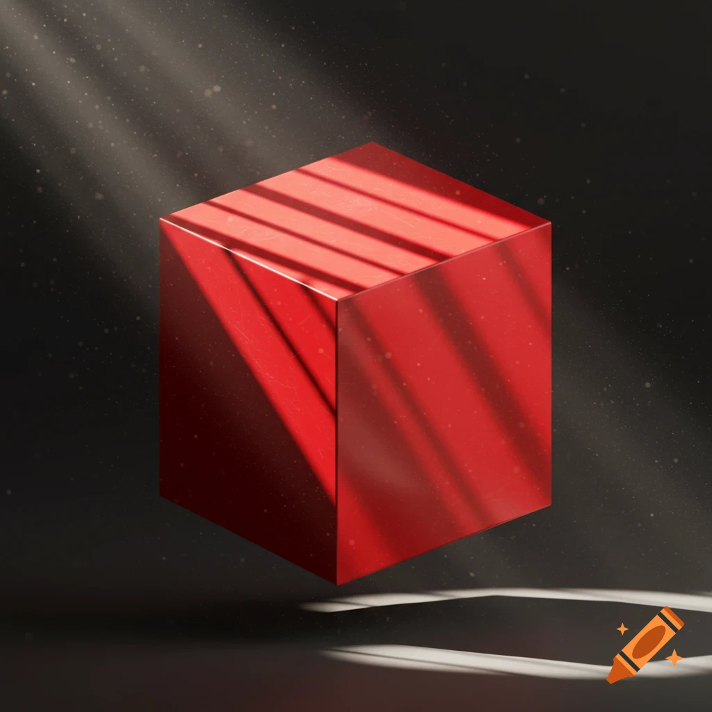 A vibrant red cube floats in a dark, dusty void, illuminated by strong diagonal light beams.