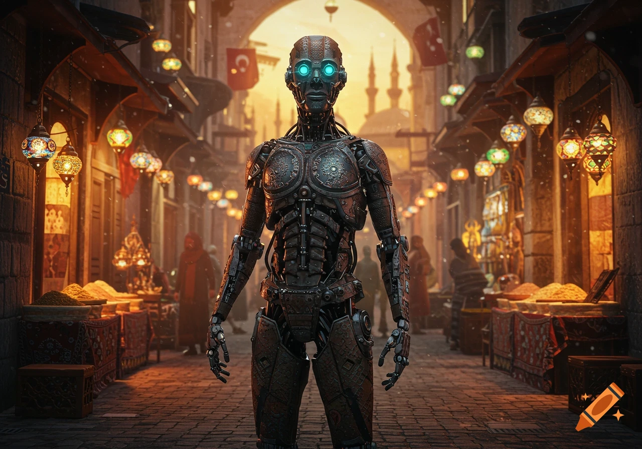 A photorealistic cyborg with glowing blue eyes stands centrally in a bustling, warmly lit Turkish marketplace filled with stalls and ornate lanterns.