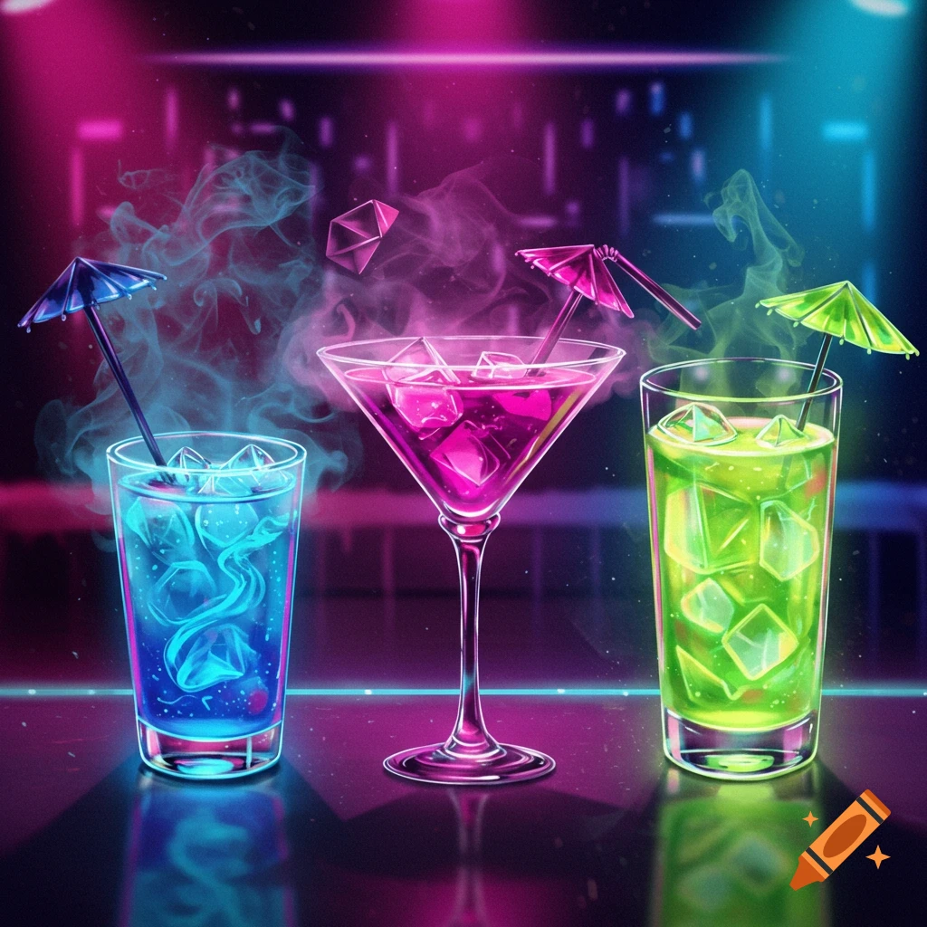 Three vibrant neon-colored cocktails, blue, pink, and green, with ice and cocktail umbrellas, standing on a reflective surface against a smoky background with bright pink and blue lighting.