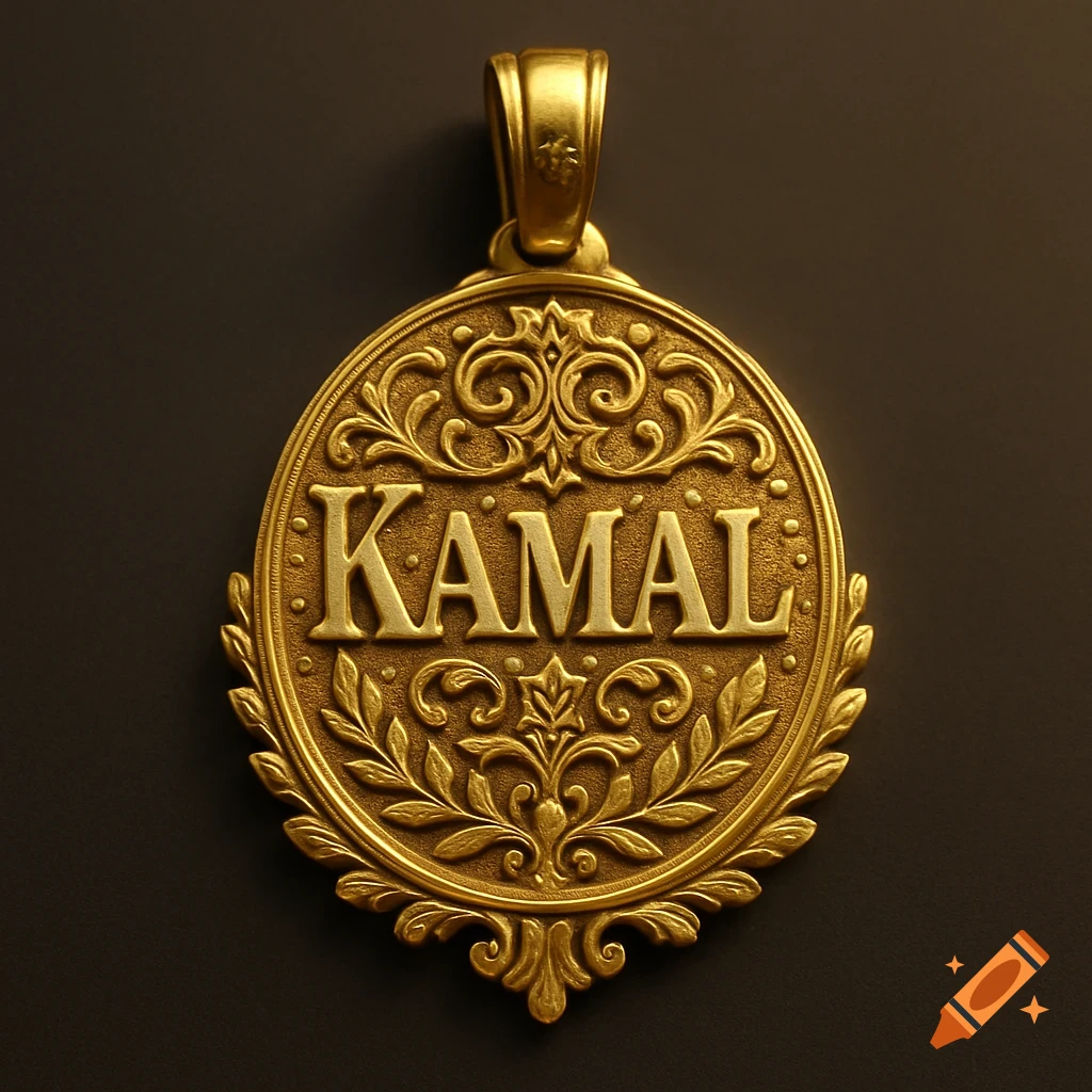 A detailed gold oval pendant with the name 'KAMAL' embossed in the center, surrounded by ornate filigree designs, against a dark background.