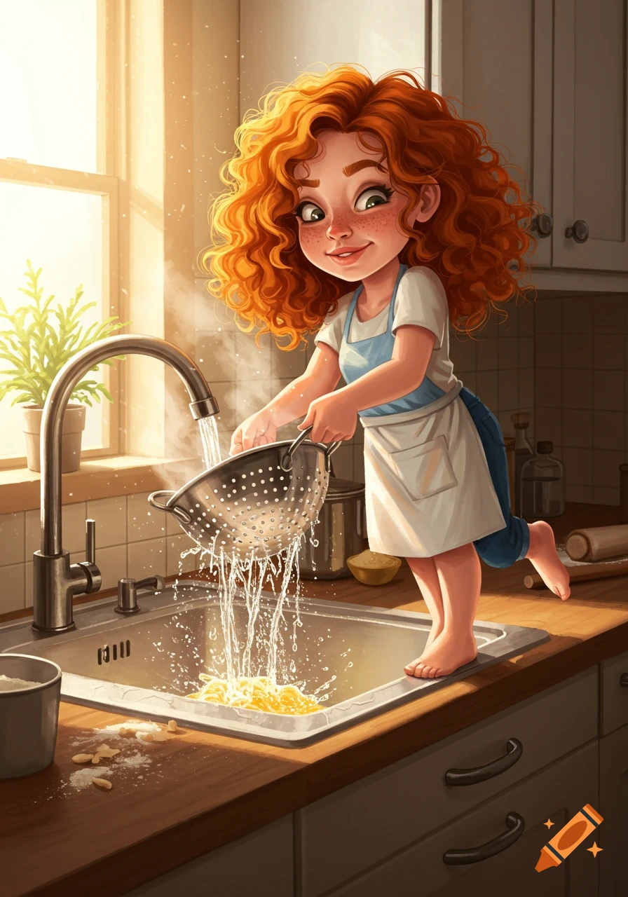A smiling, short, red-headed cartoon girl in an apron struggles to strain pasta into a kitchen sink.