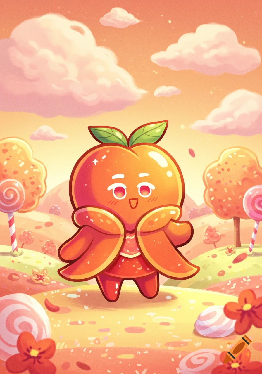 A cute, smiling peach-like character with leaf-like hair and a peachy cloak stands in a whimsical candy land, rendered in the Cookie Run Kingdom art style.