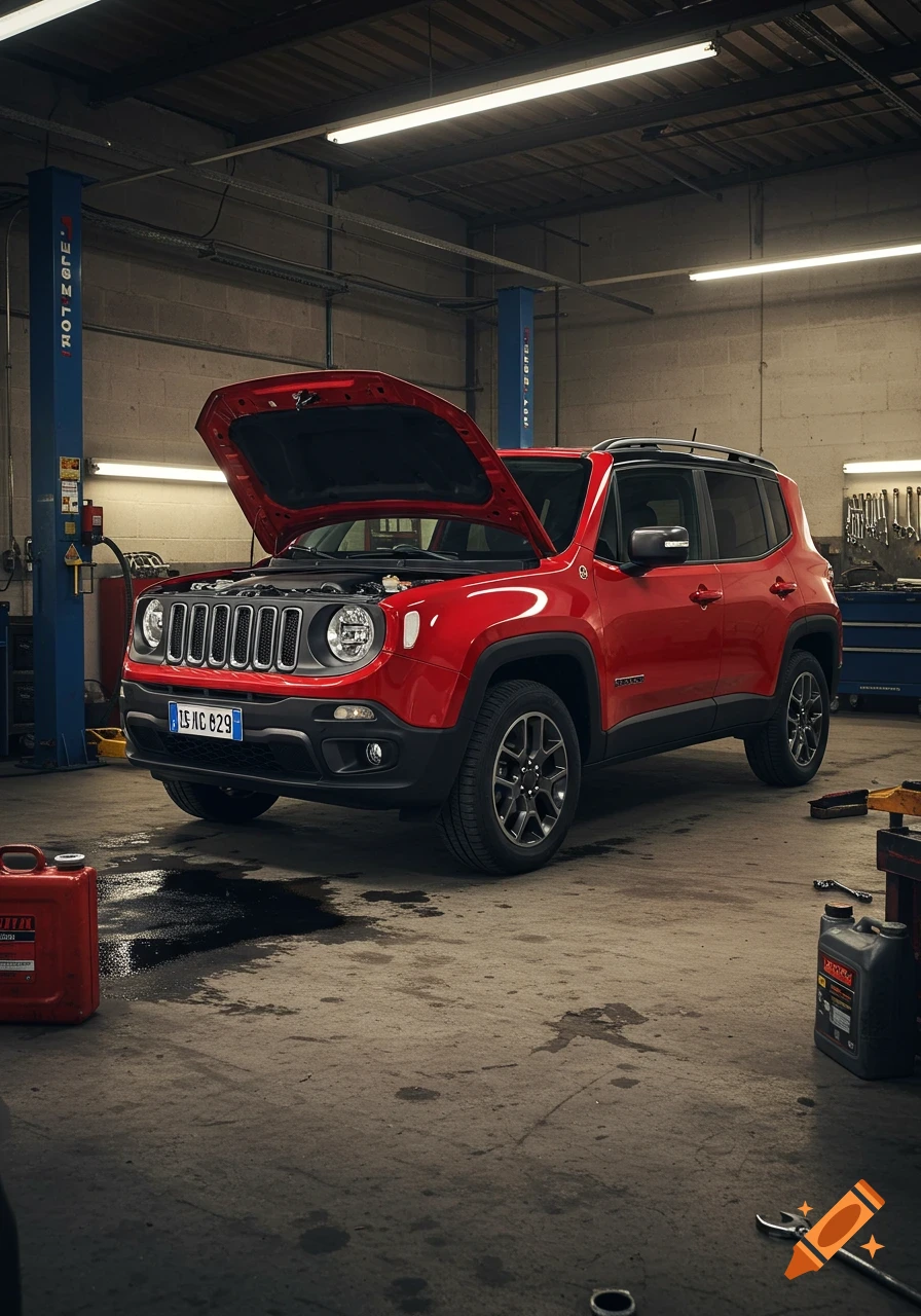 A red Jeep Renegade with its hood open and an oil leak on the floor, parked in a mechanic's garage.