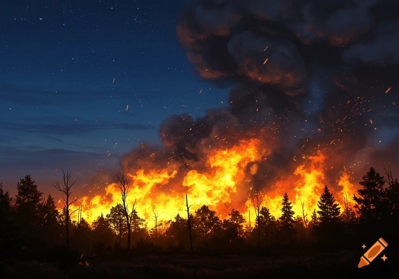 A raging forest fire burns brightly at night, with towering flames and thick smoke rising into the star-filled sky.