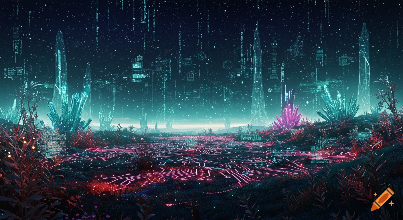 A vibrant cyberpunk landscape with glowing blue and pink crystals, a ground patterned with luminous circuit traces, and falling data streams in the dark sky.