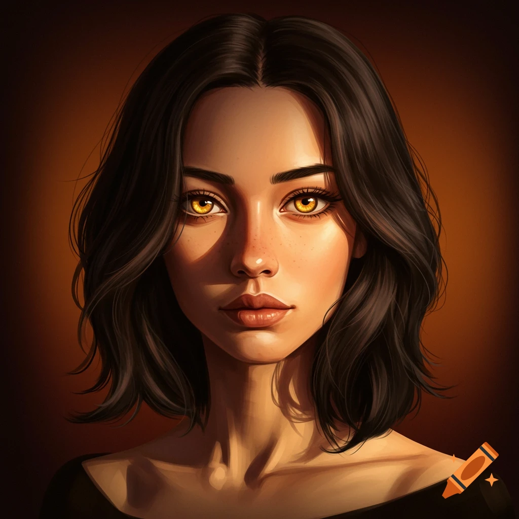 Digital art portrait of a woman with dark brown hair, golden eyes, and fair skin, looking directly forward.