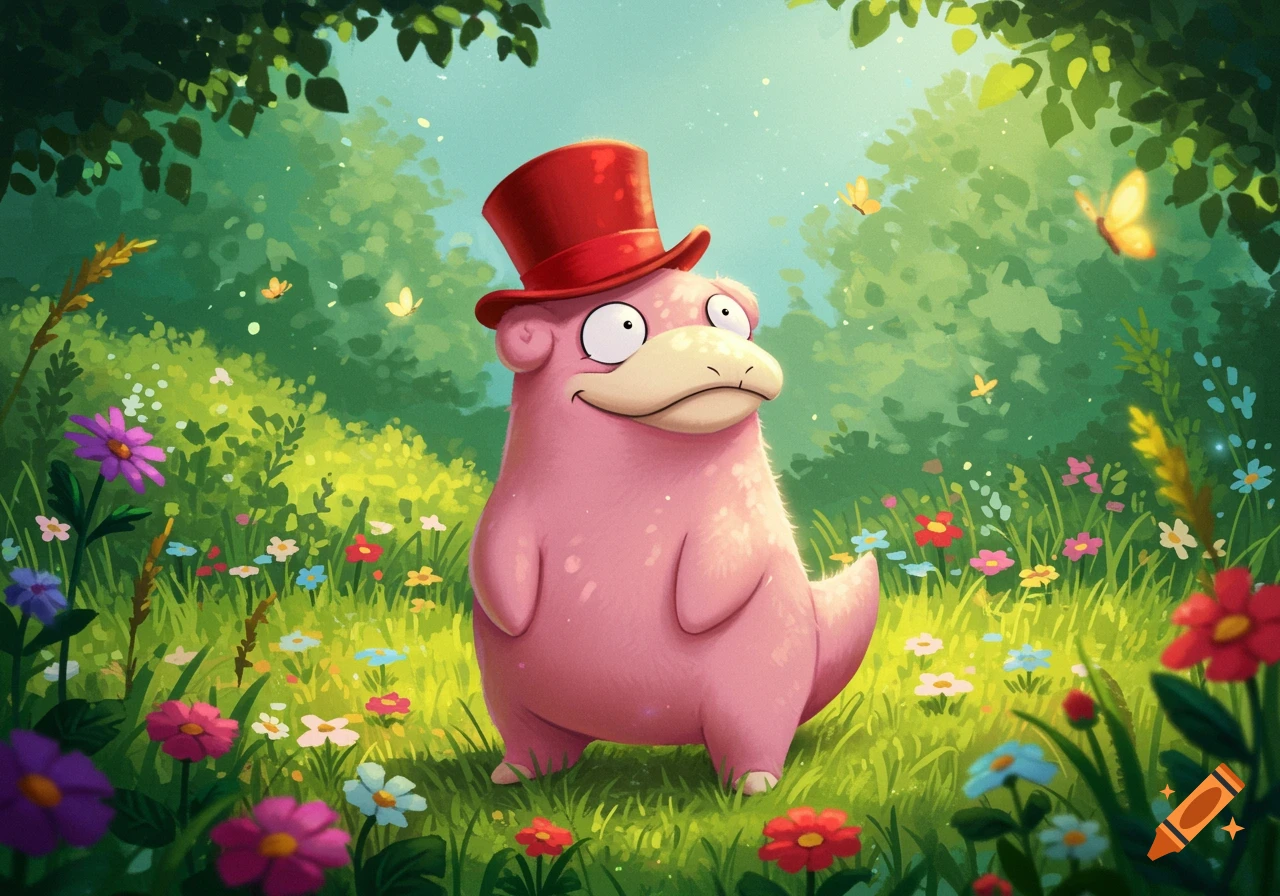 A smiling pink Slowpoke Pokemon in a red top hat stands in a vibrant meadow with colorful wildflowers and butterflies.