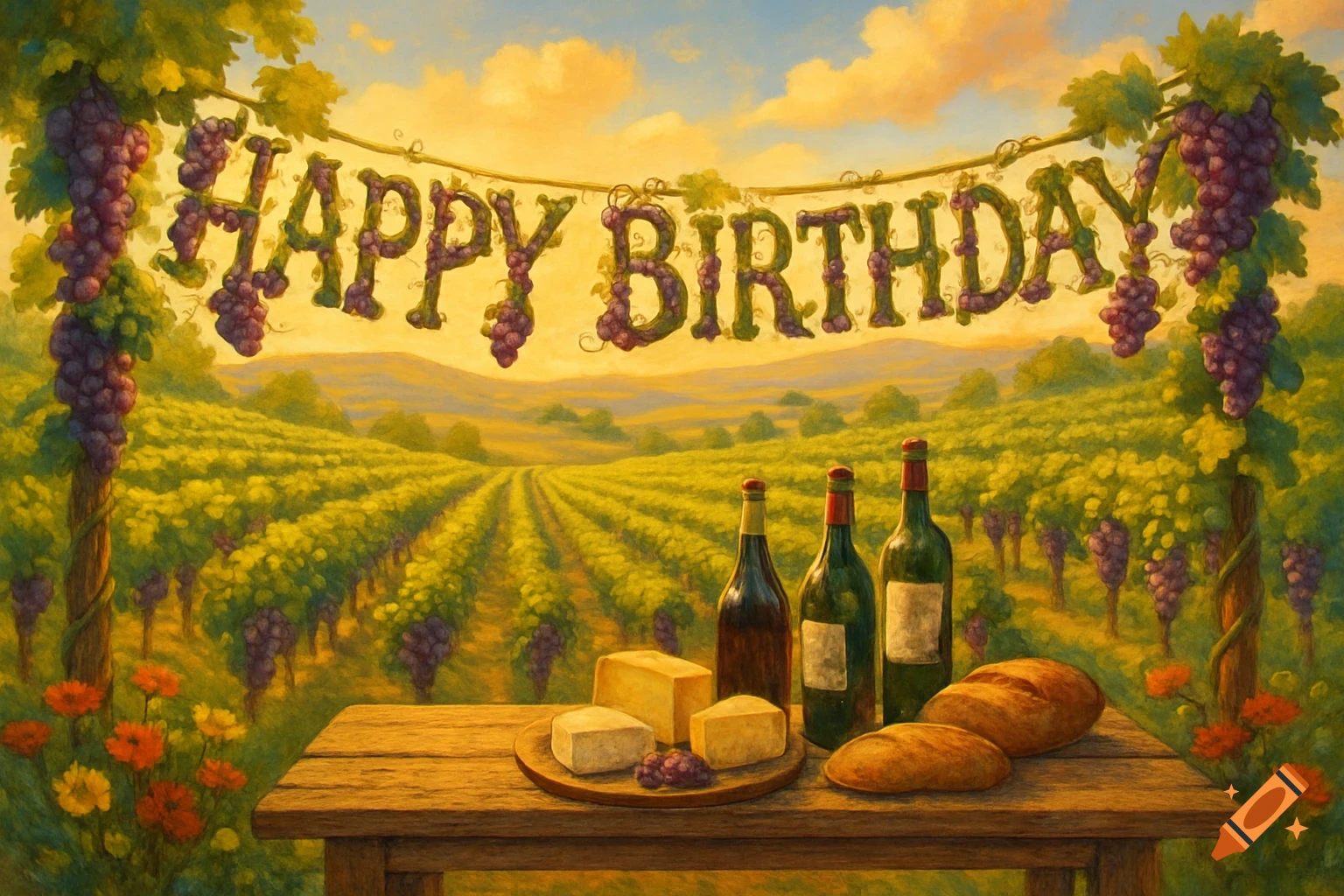 A "Happy Birthday" banner made of grapevines hangs above a wooden table with wine bottles, cheese, and bread, set in a sunny vineyard with mountains.