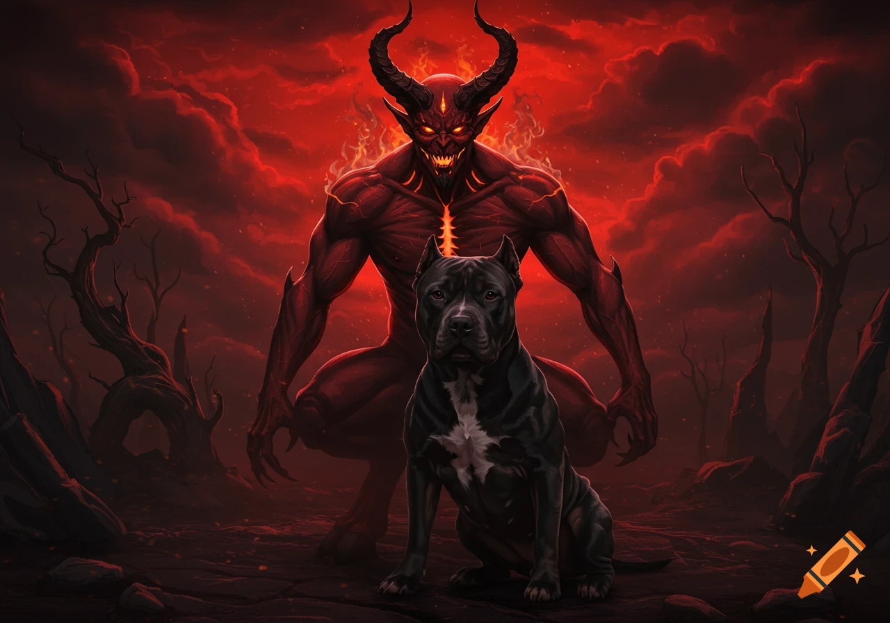 Dark fantasy illustration of a horned red demon crouching behind a black pitbull in a fiery, barren landscape.
