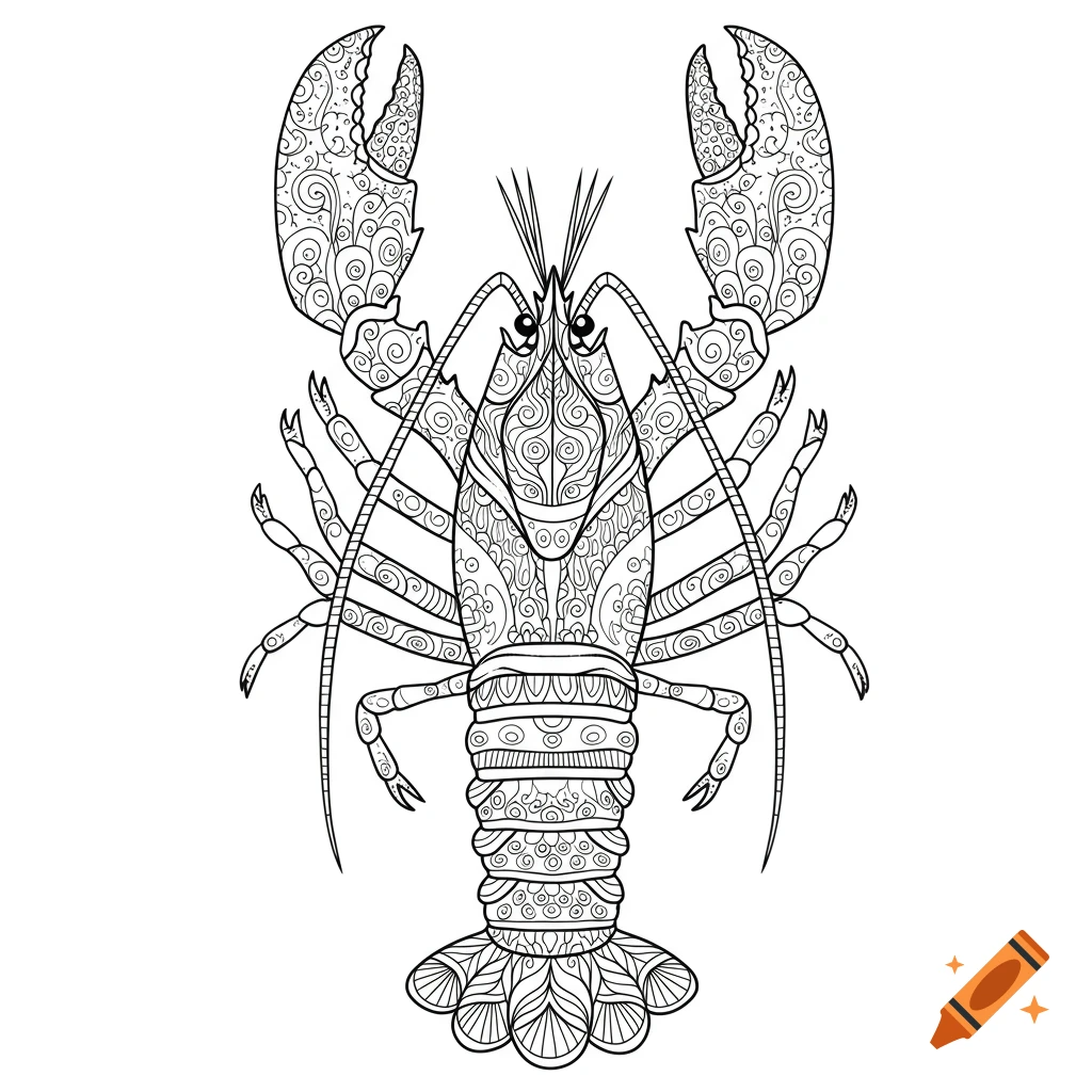 Black and white line art drawing of an ornamental lobster with intricate patterns, suitable for a coloring book.