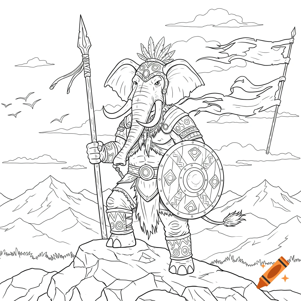 A black and white line art of a brave anthropomorphic elephant warrior with a spear and shield, standing on a rocky hill with mountains and birds in the background.