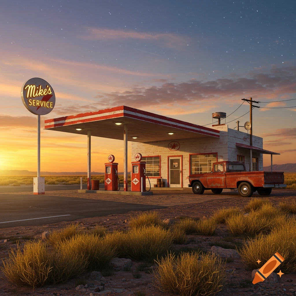A retro gas station with a 'Mike's SERVICE' sign and an old pickup truck at sunset in a desert landscape.